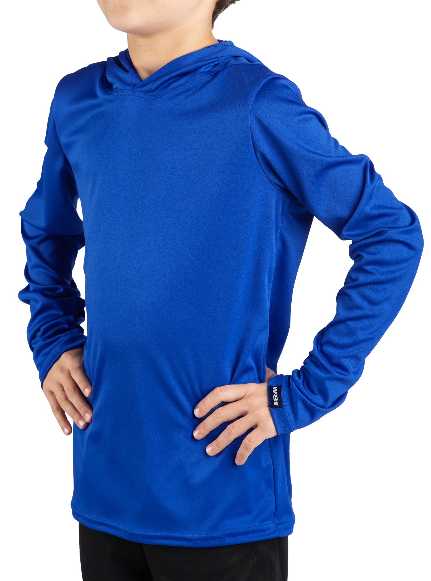 A youth wearing a blue lightweight hoodie with long sleeves.