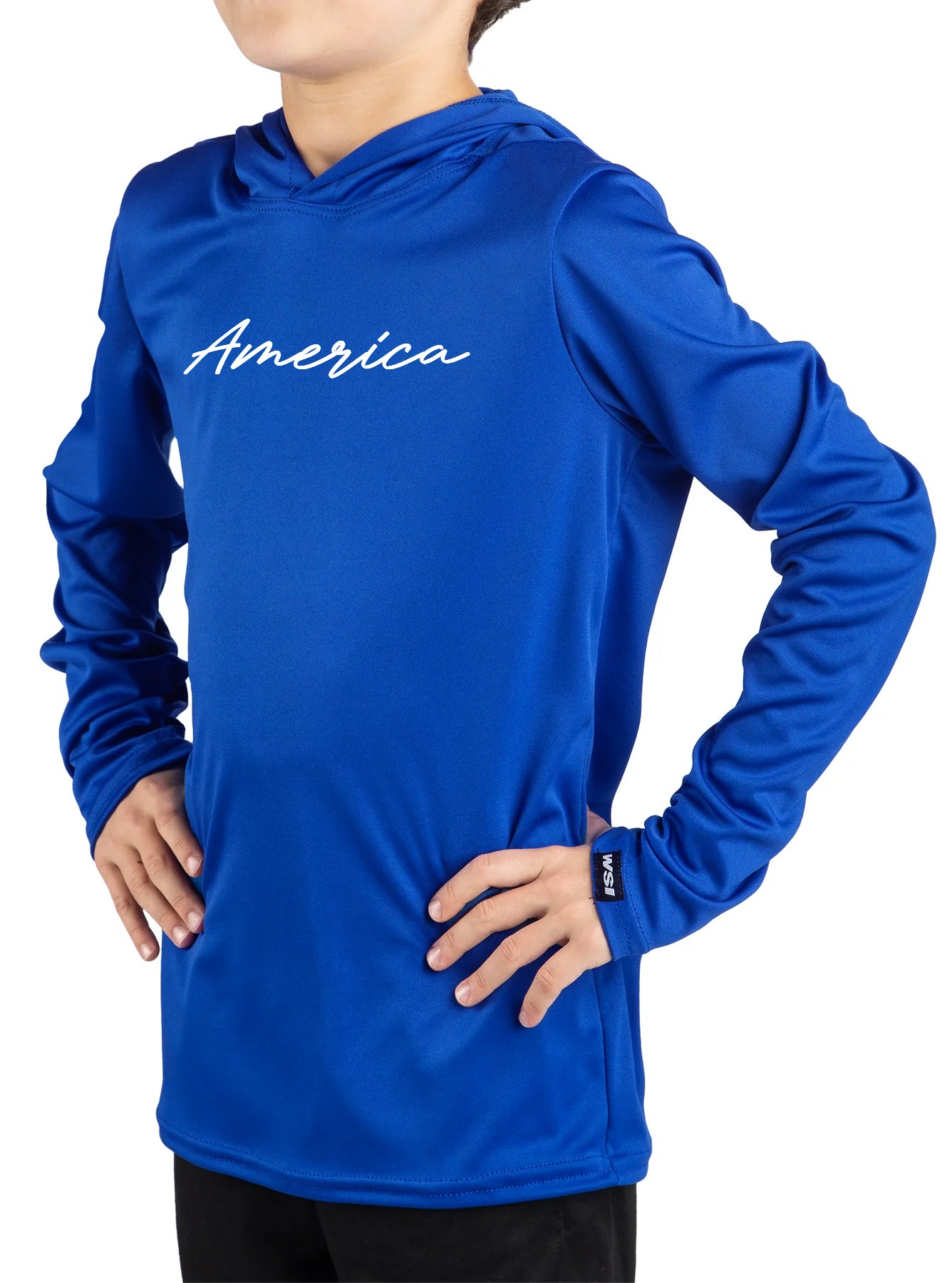 Blue hoodie with 'America' printed on it worn by a kid