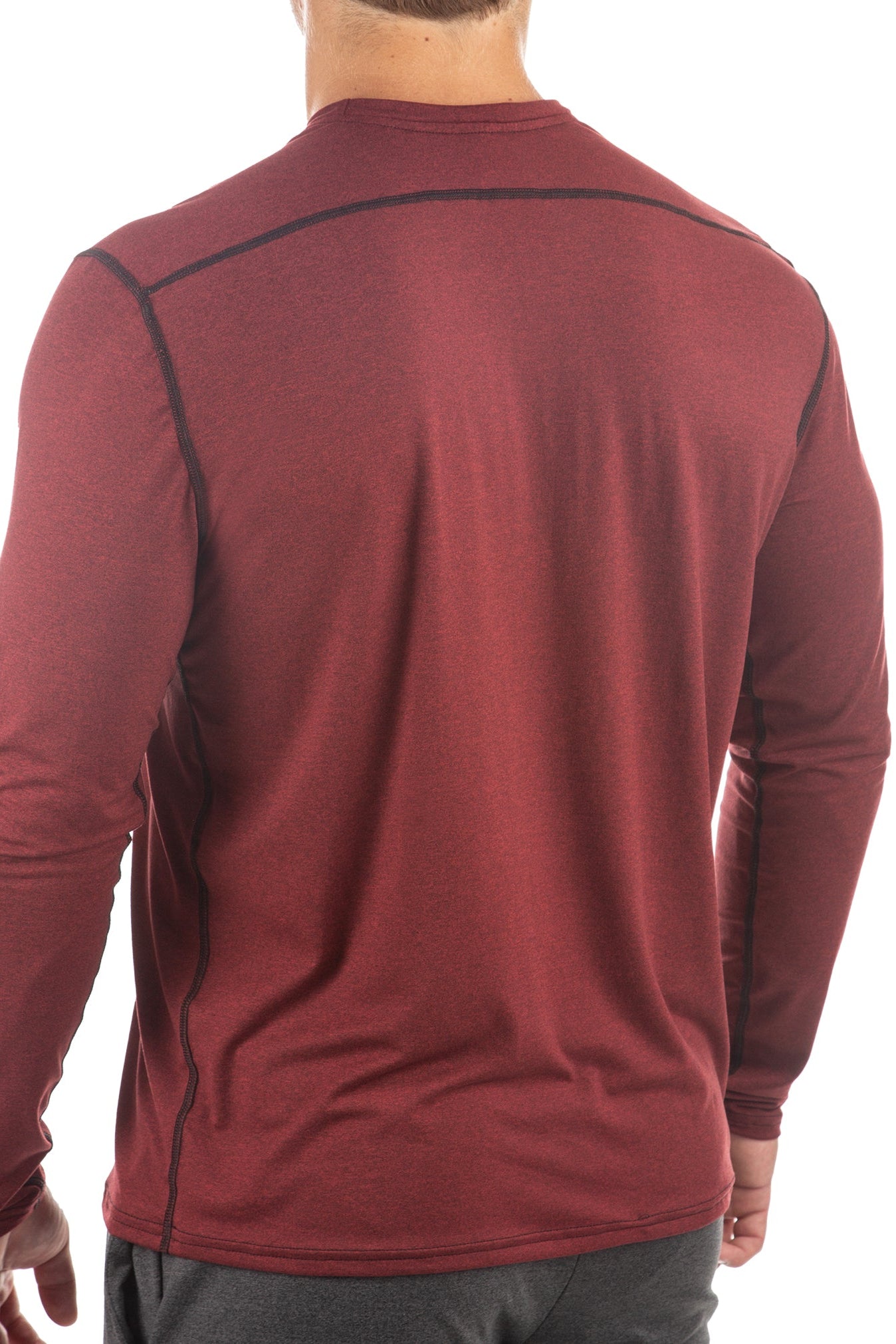 Maroon long-sleeve athletic shirt with black accents on a white background