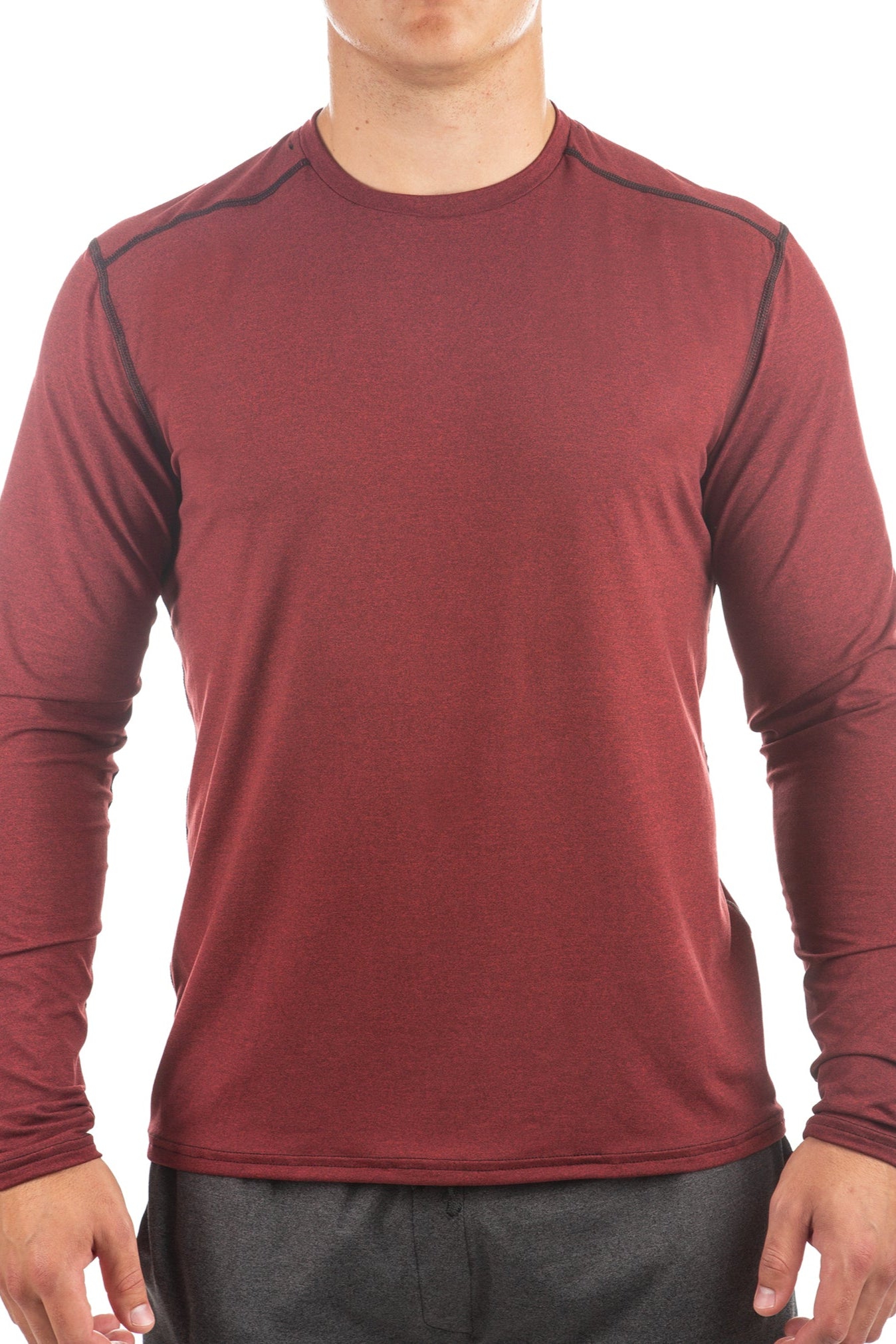 Maroon long-sleeve athletic shirt with black accents on a white background
