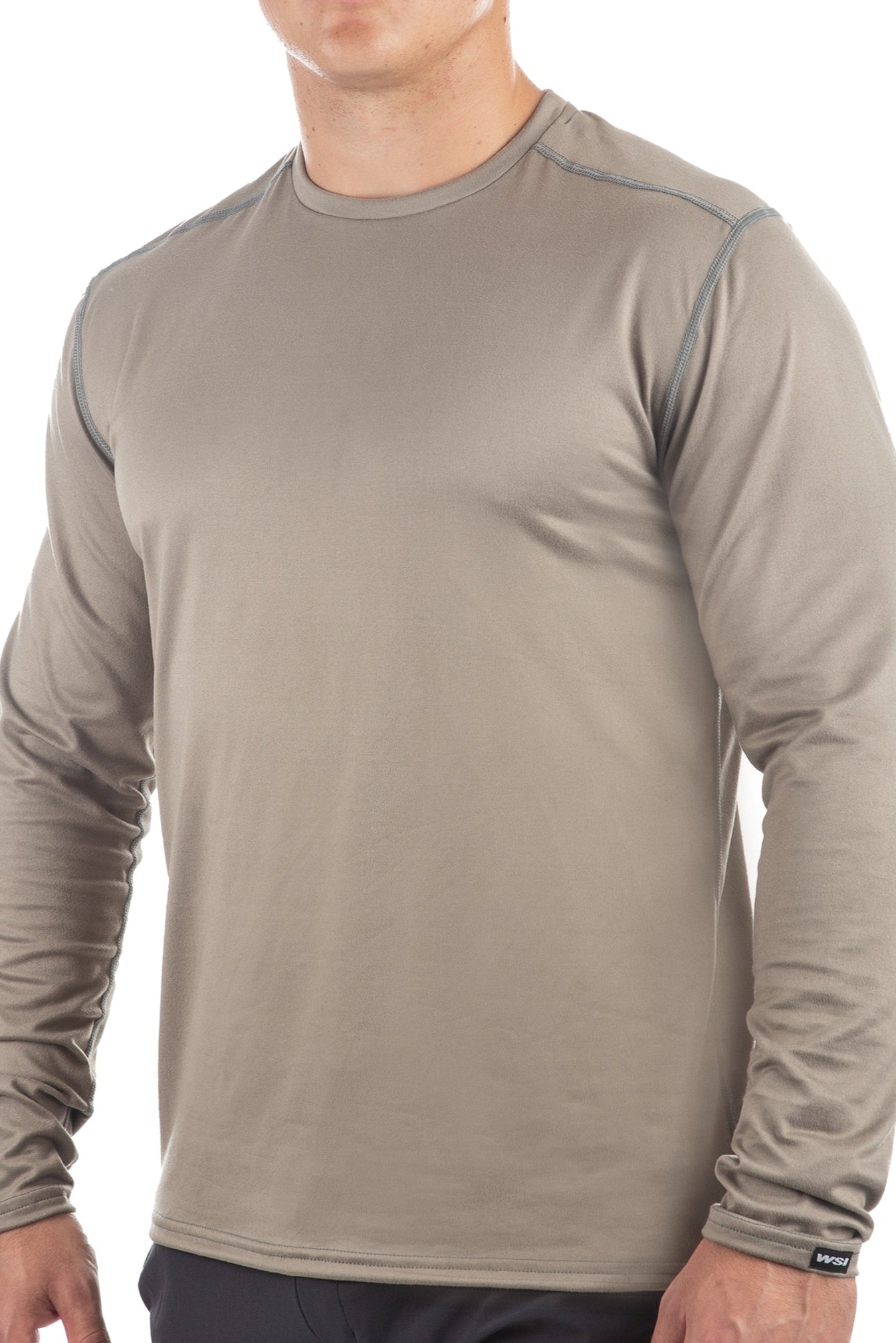 Man wearing a beige long-sleeve athletic shirt on a white background