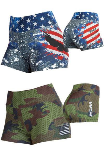 Womens Pairs of Spandex Performance shorts in USA and Camo colors