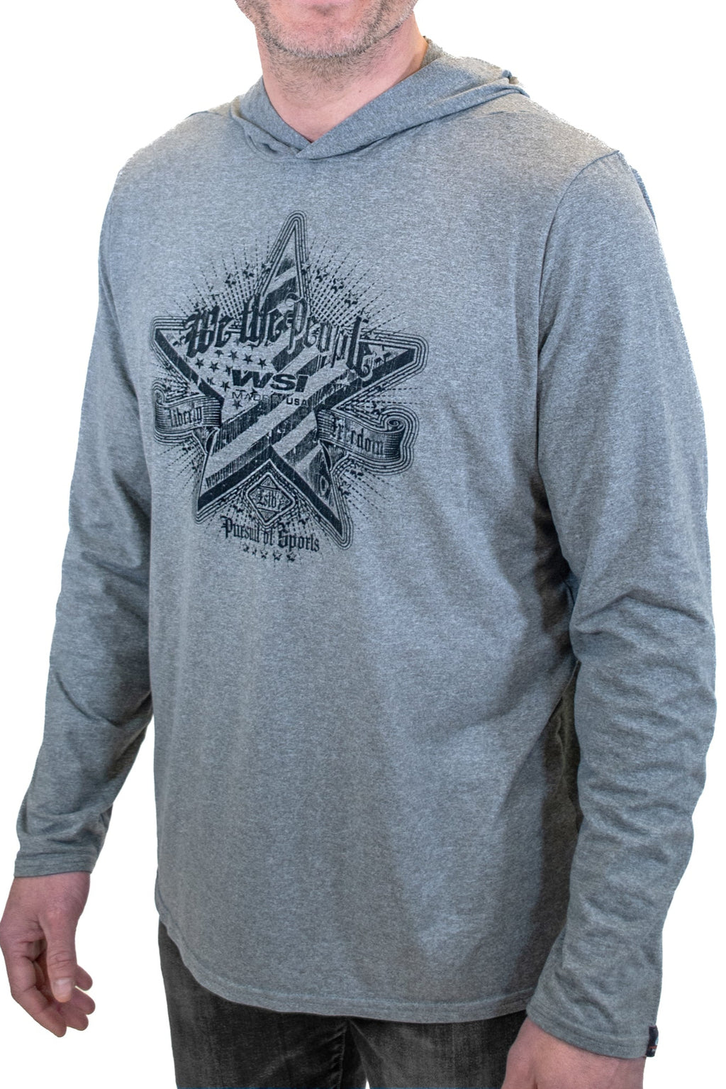 Grey Long Sleeve Hoodie with a patriotic star print and the words "We the People"
