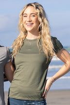 Women on the beach wearing a WSI Olive Green Women's T-Shirt