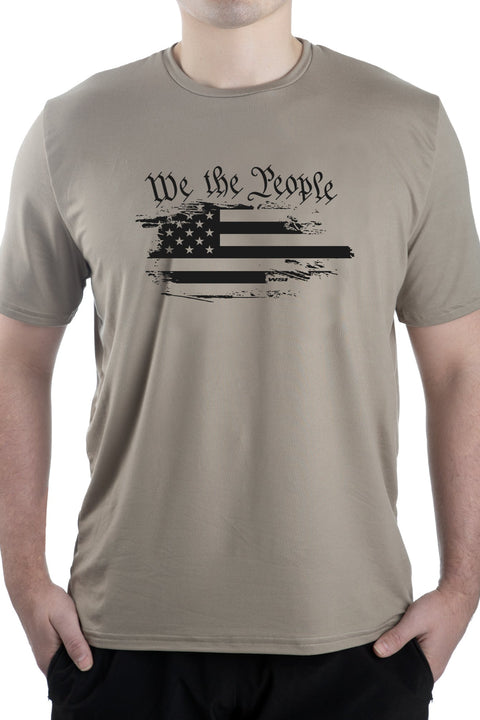 Stone Color t-shirt with a distressed American flag print and the words "We the People"