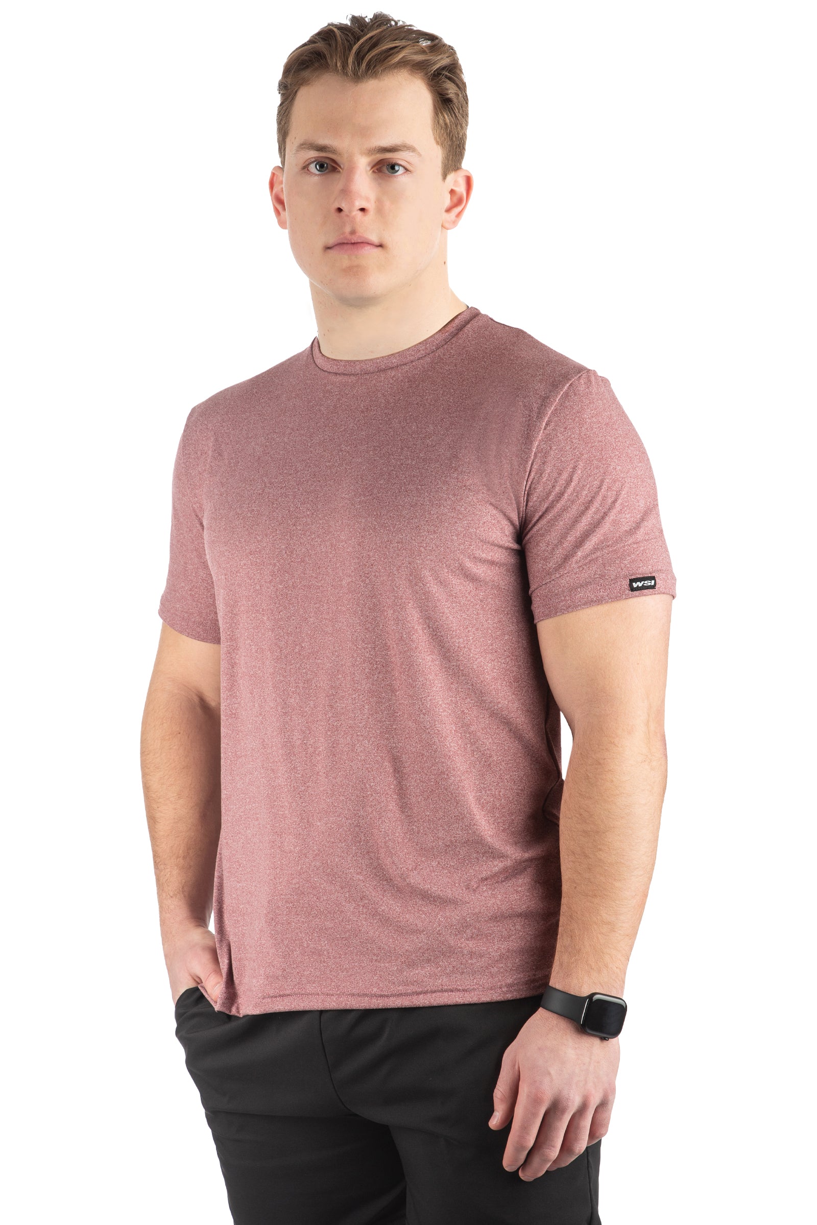 Man wearing a mauve t-shirt on a white background