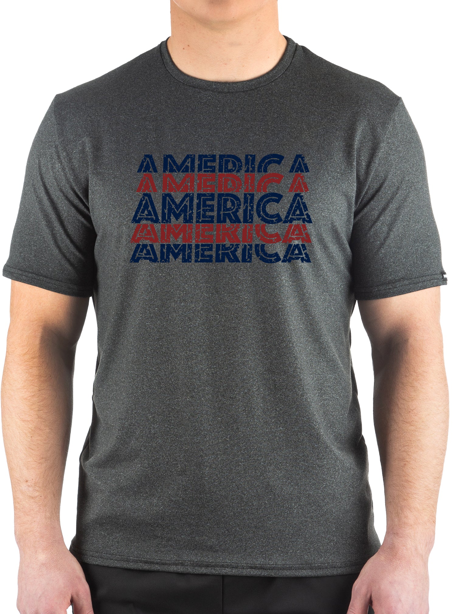 A short-sleeved gray t-shirt with the word 'AMERICA' printed in red and blue stripes on the front.
