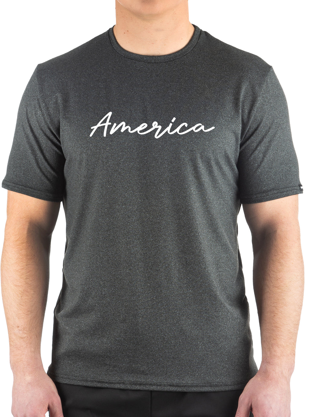 A short-sleeved gray t-shirt with the word 'AMERICA' printed in white script on the front.