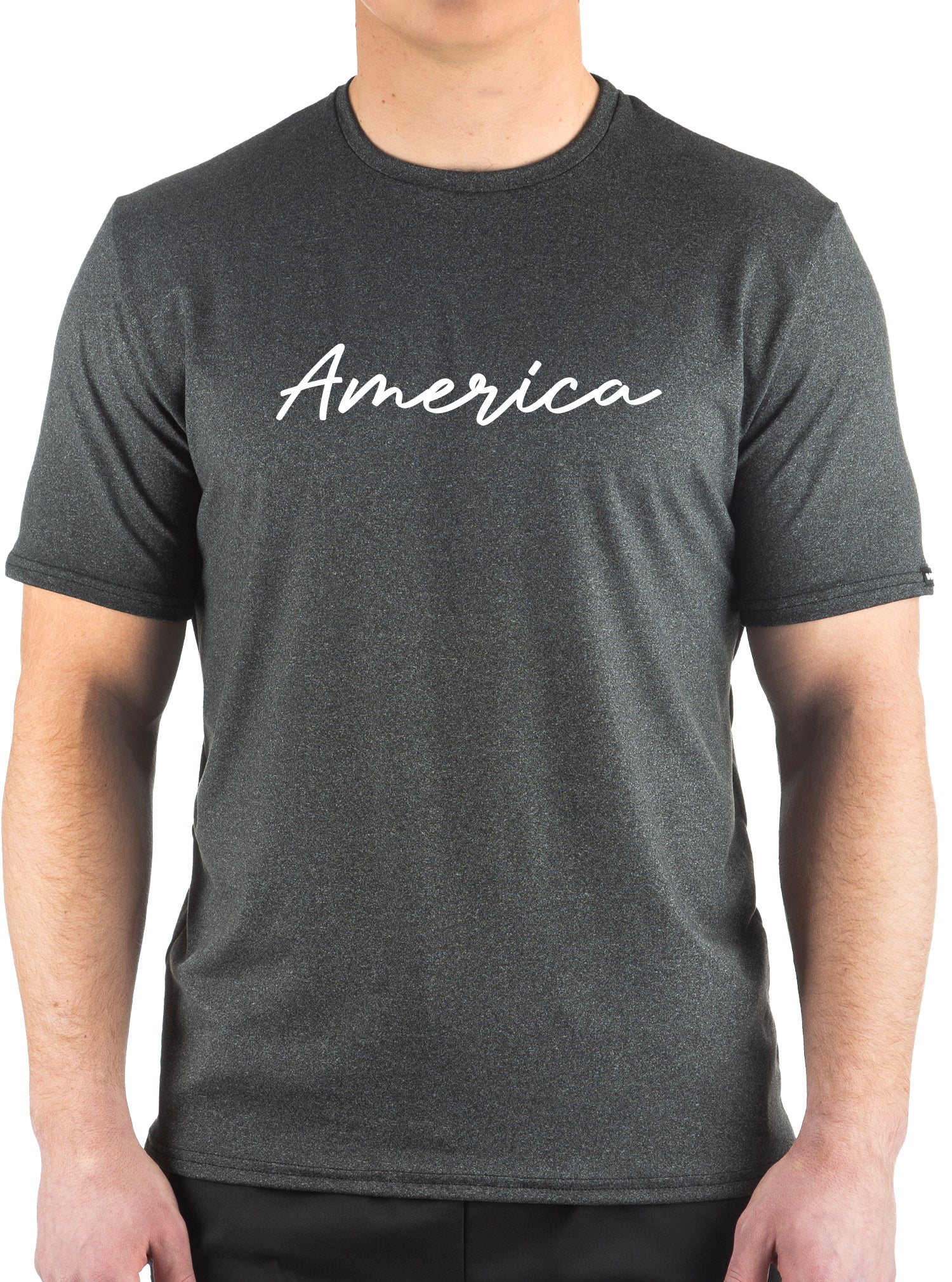 A short-sleeved gray t-shirt with the word 'AMERICA' printed in white script on the front.
