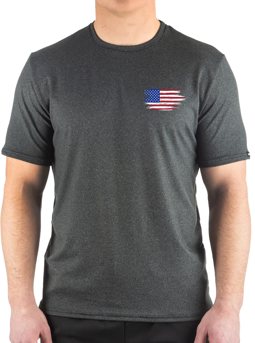 Gray t-shirt with a small American flag design on the chest.
