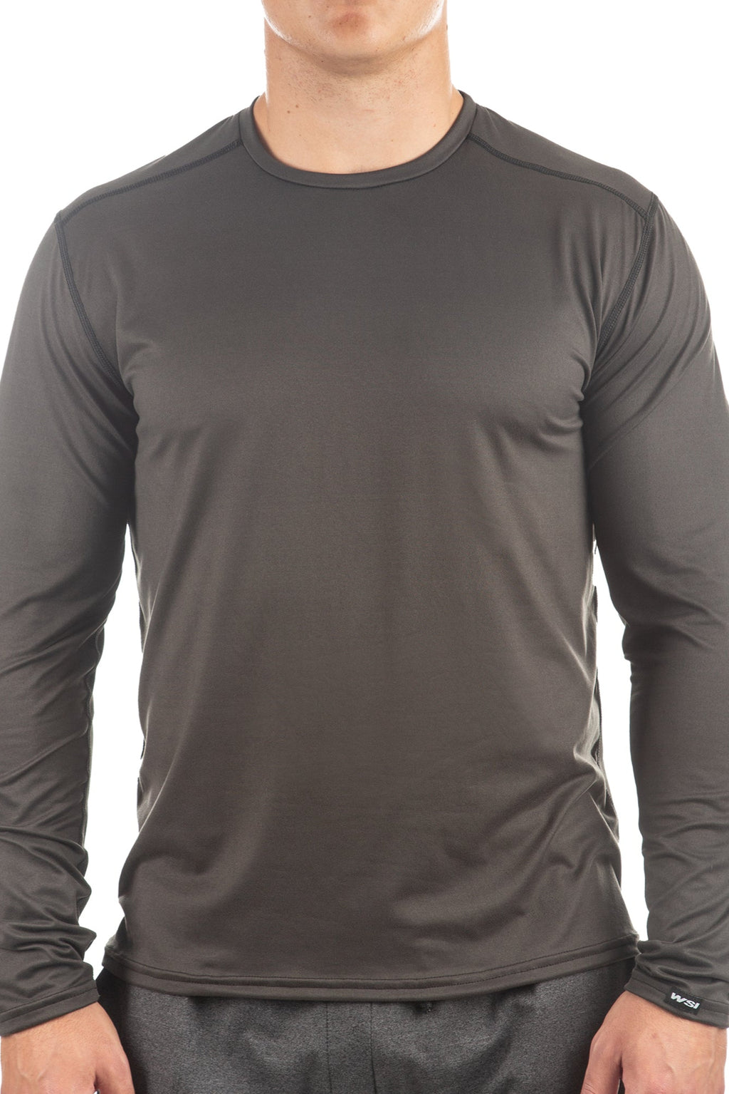 Person wearing a gray long-sleeve athletic shirt on a white background
