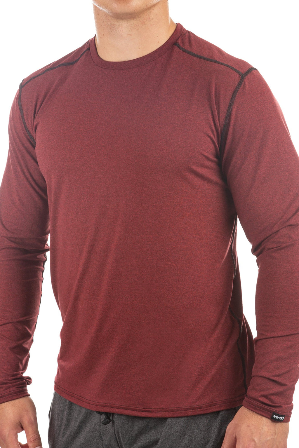 Maroon long-sleeve athletic shirt with black accents on a white background