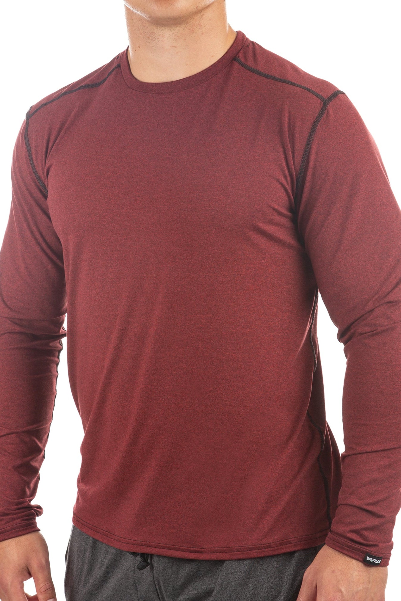 Maroon long-sleeve athletic shirt with black accents on a white background