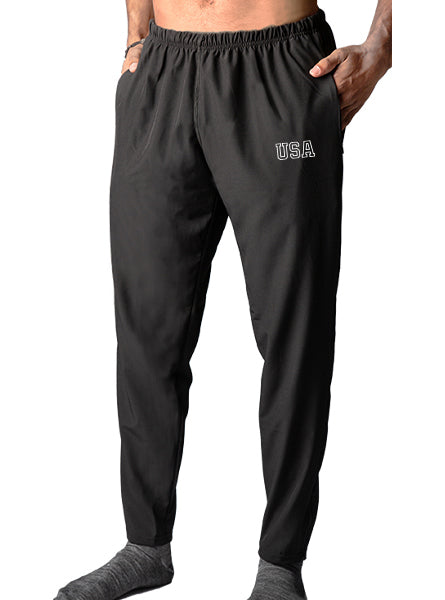 Black pants with 'USA' Printed on a white background