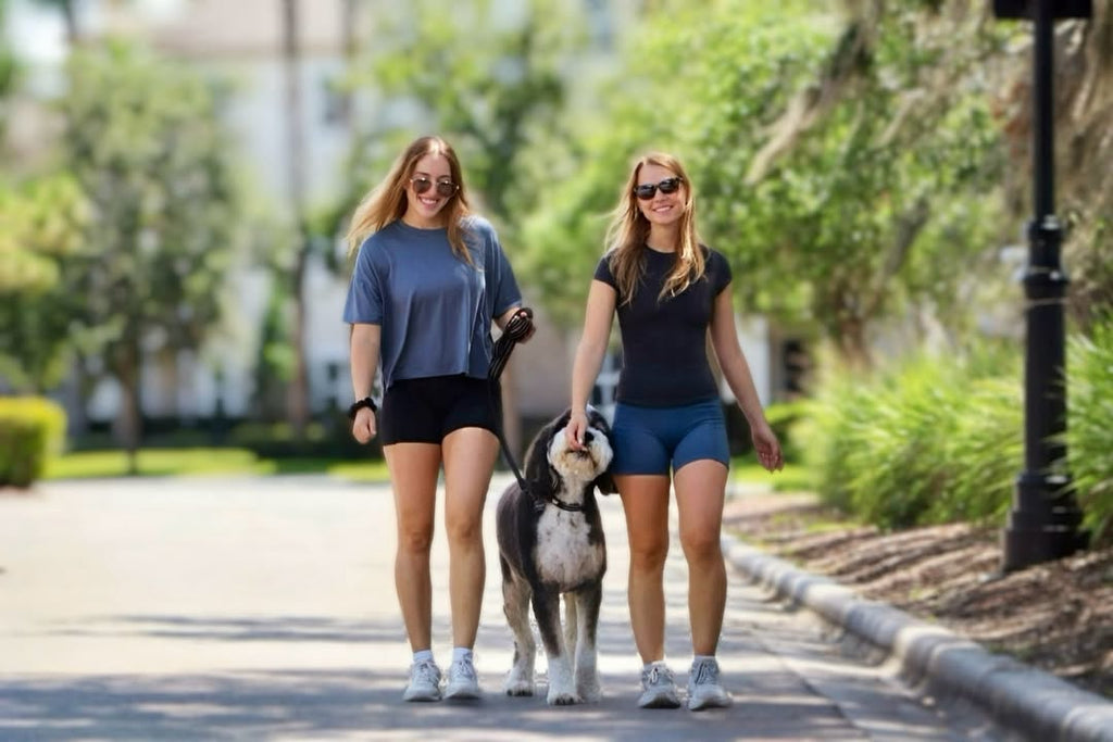 Two women walking a dog on a path with trees and greenery in the background wearing WSI Sports Clothing
