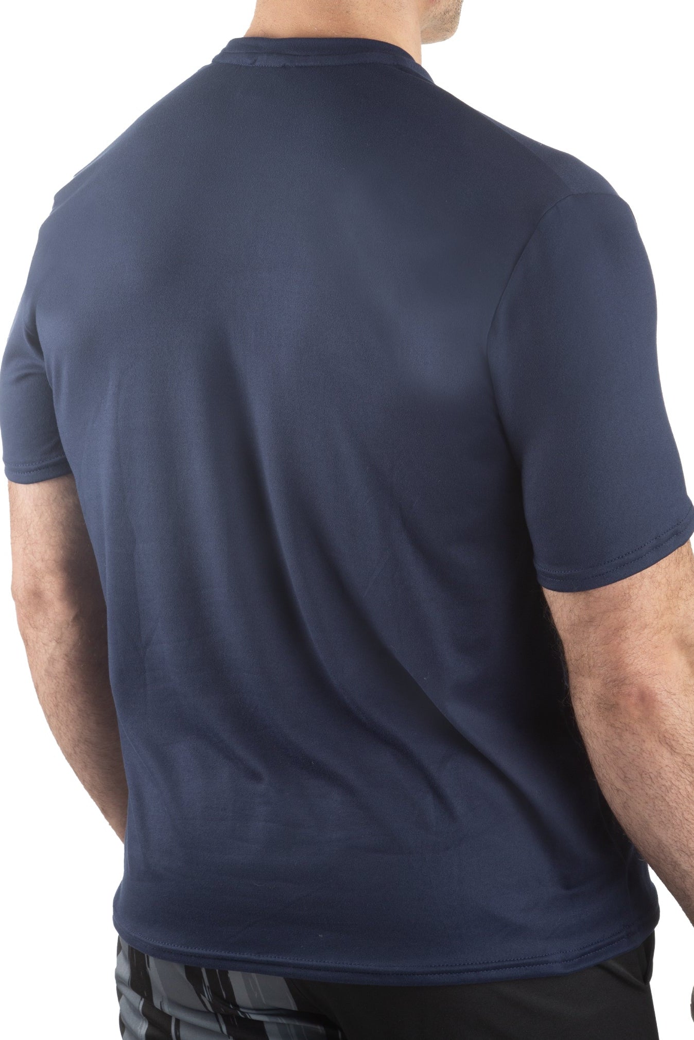 Back of a navy Blue T-shirt