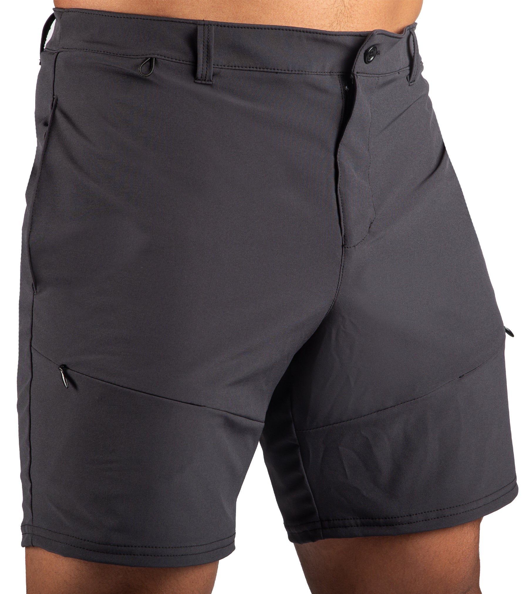A pair of black, woven hiker shorts with a belt loops waistband, zippered fly with a button, and side pockets.