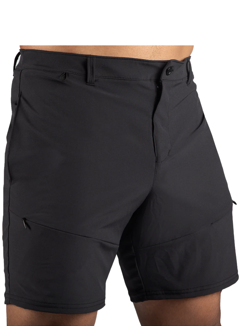 A pair of black, woven hiker shorts with a belt loops waistband, zippered fly with a button, and side pockets.