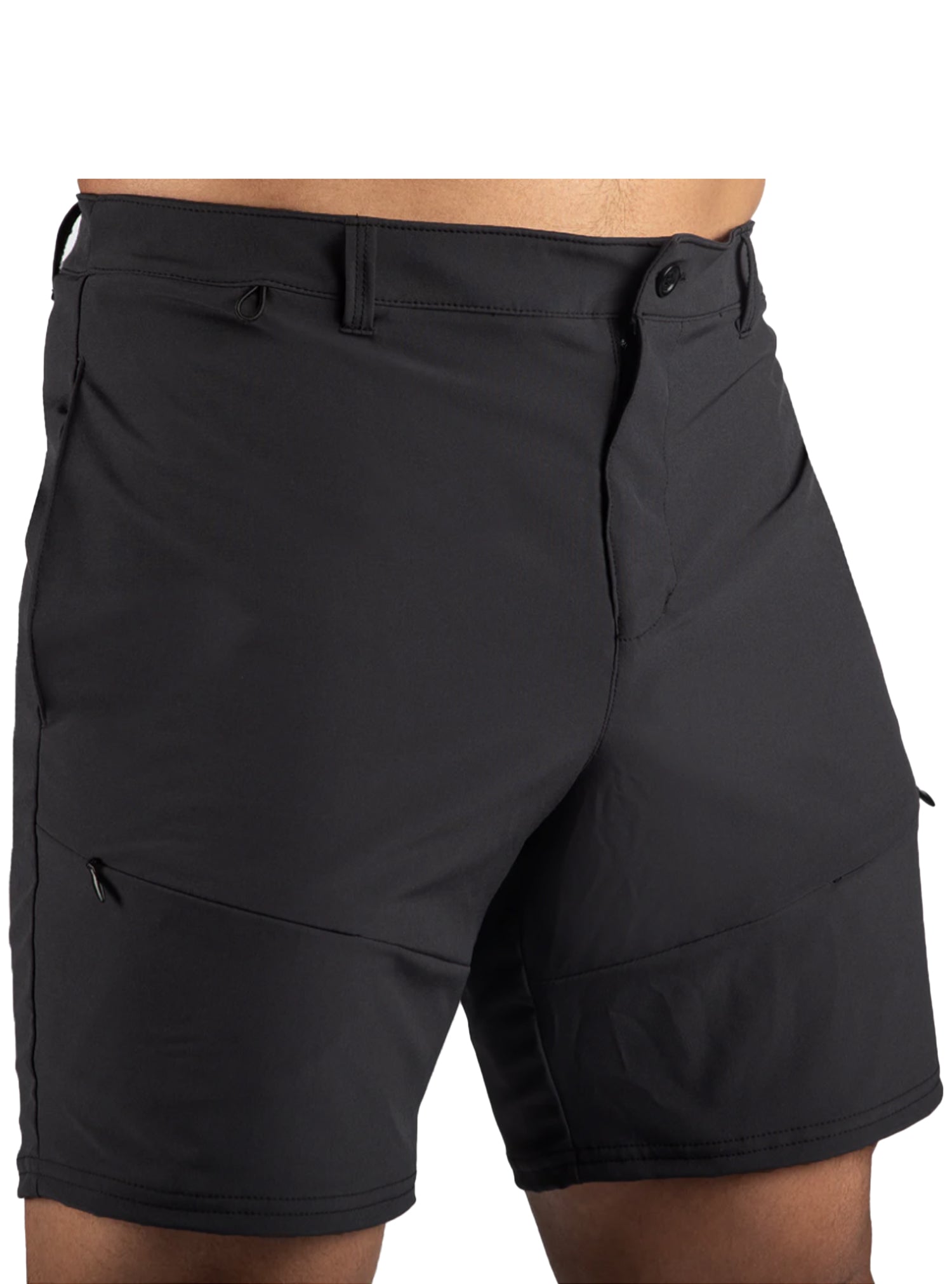 A pair of black, woven hiker shorts with a belt loops waistband, zippered fly with a button, and side pockets.
