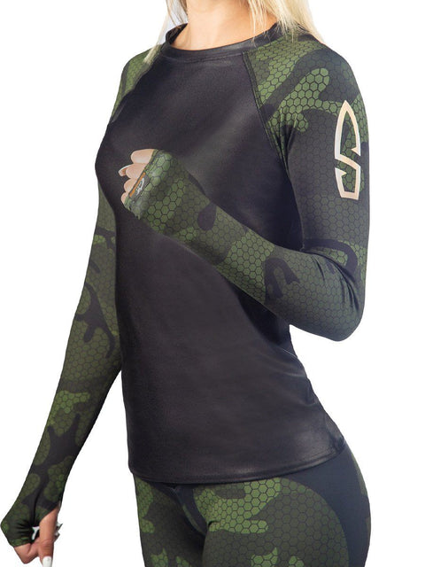 Bullet Hexa Camo Rash Guard Long Sleeve Top Women&