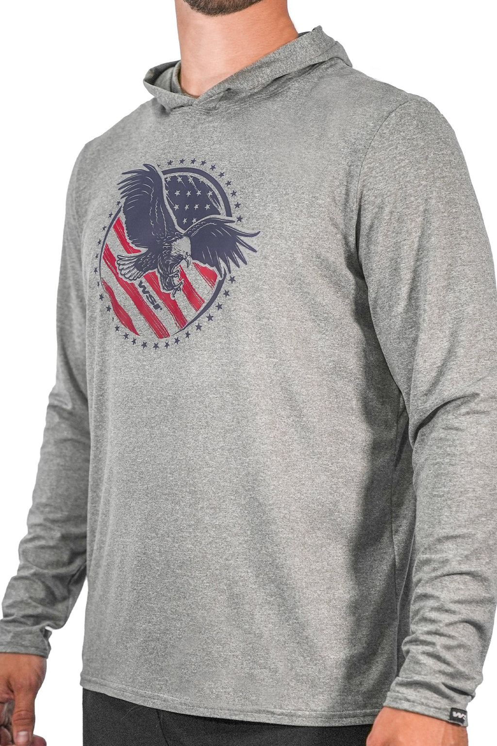 WSI Softtech Hoodie Heather Grey with Blue and Red Eagle Print