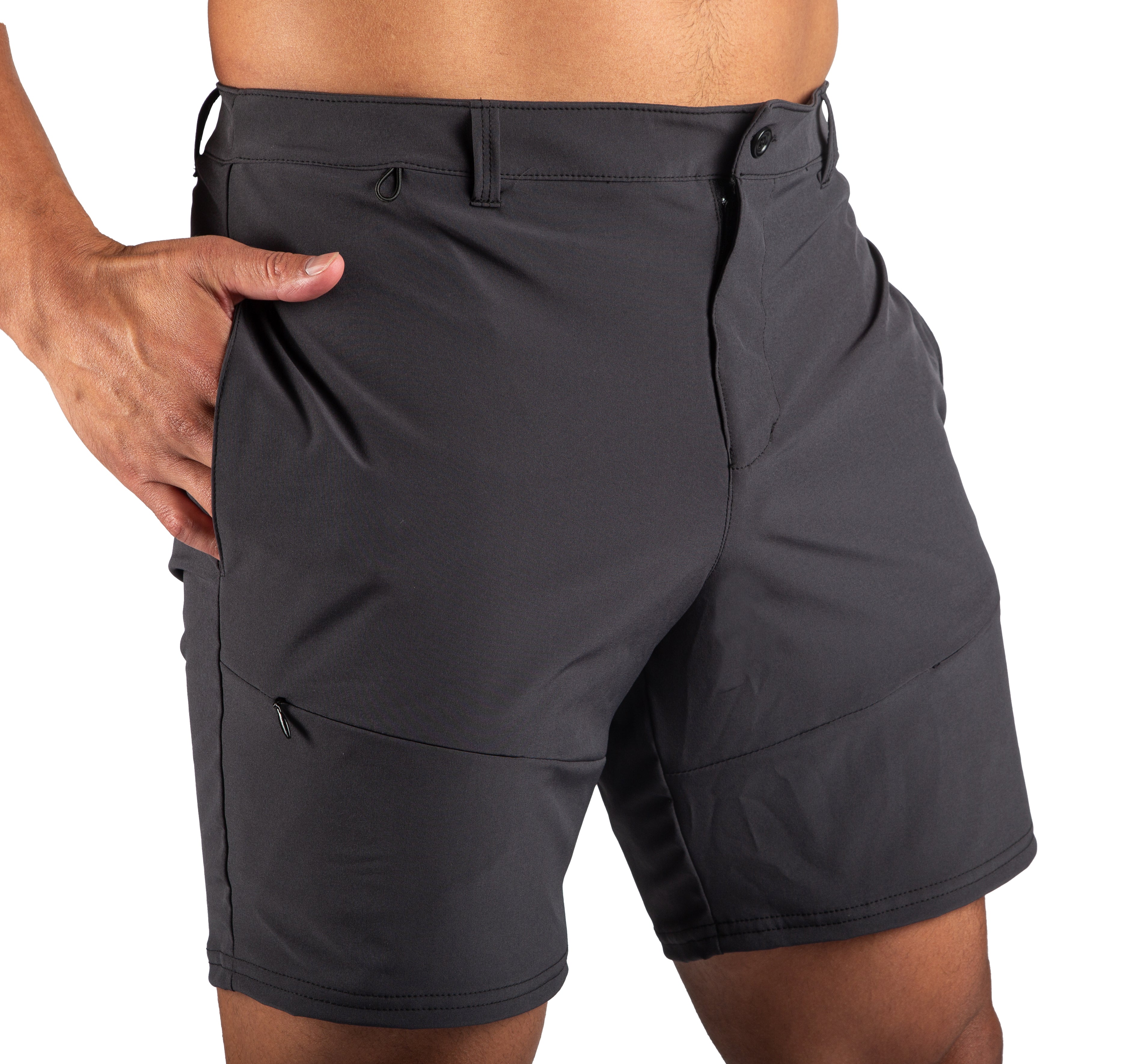 A pair of black, woven hiker shorts with a belt loops waistband, zippered fly with a button, and side pockets.
